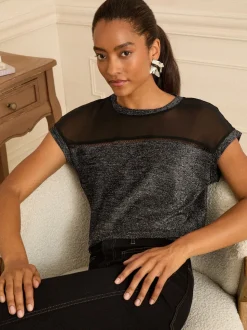 Zwart metallic - Love & Roses Satin Front V-Neck Short Sleeve Top