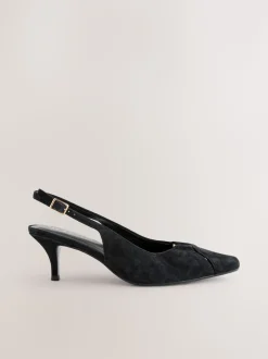 Zwart suède - Leren slingbackhakken met uitsnijdingen en hardwaredetails