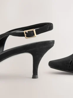 Zwart suède - Leren slingbackhakken met uitsnijdingen en hardwaredetails