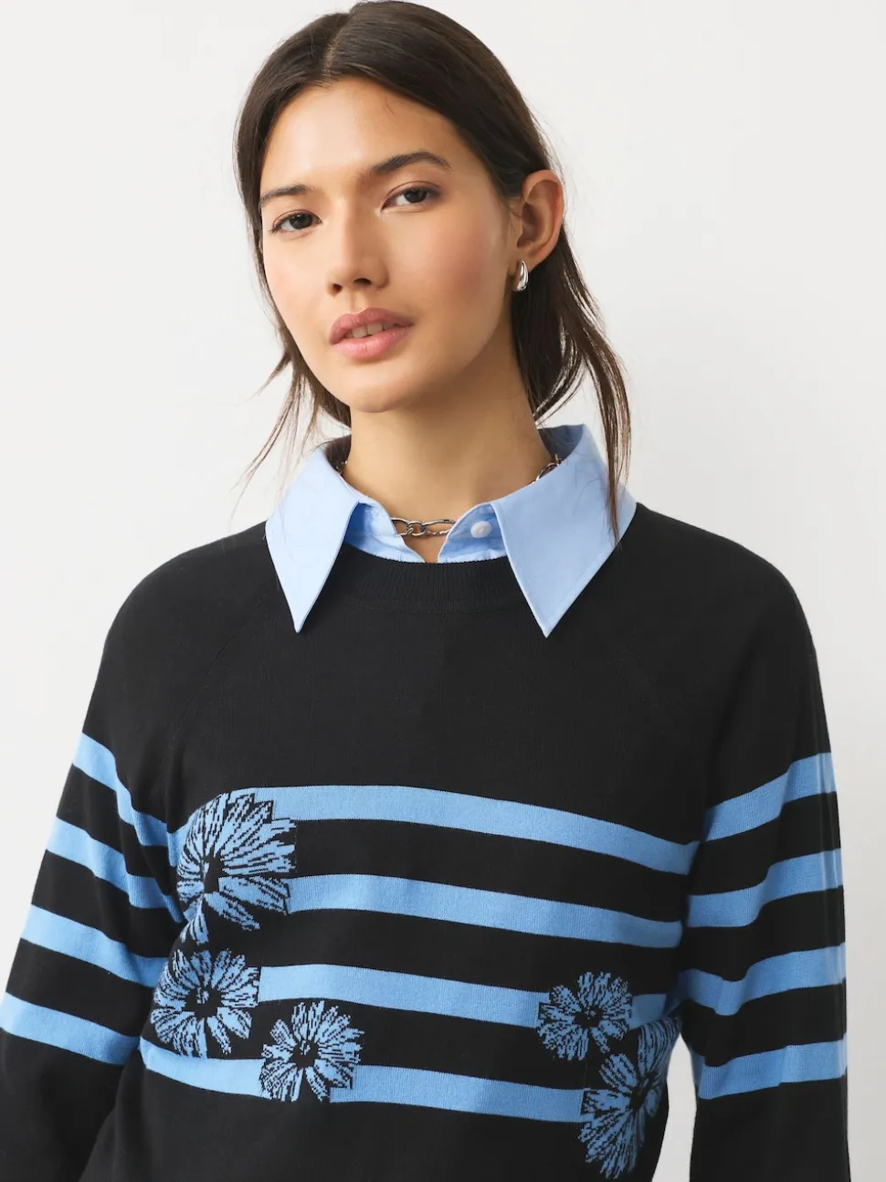 Zwart/blauw gestreept met bloemenprint - Soft Touch Ronde hals Katoen Rijke Trui
