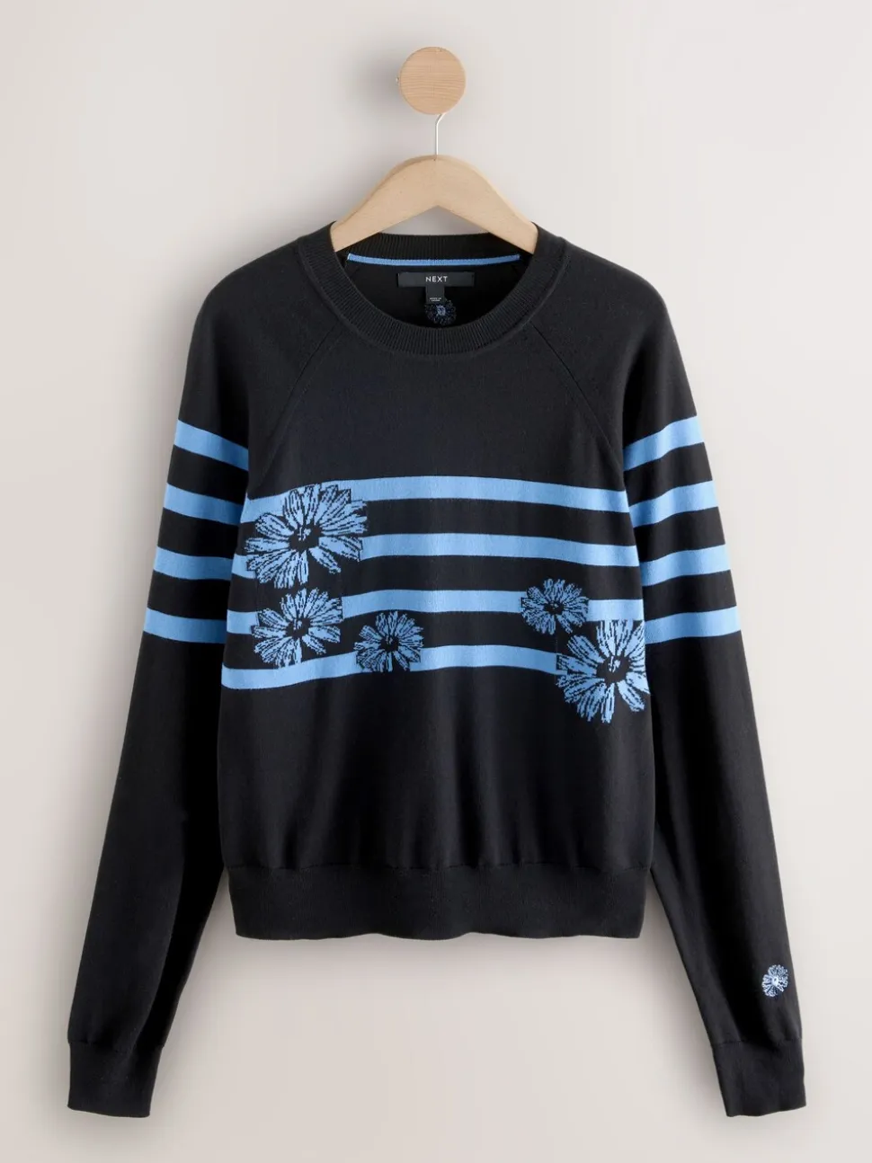 Zwart/blauw gestreept met bloemenprint - Soft Touch Ronde hals Katoen Rijke Trui