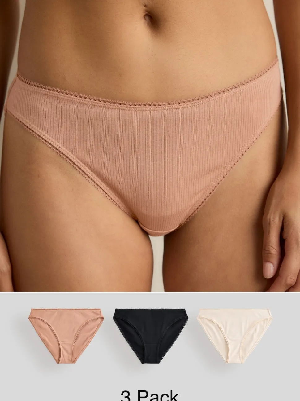 Zwart/caramel Huidskleur/praline Huidskleur - Verpakking van 3 geribbelde katoenen slips
