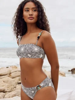 Zwart/crème met aztekenprint - Asymmetric Bead High Leg BIkini Bottoms