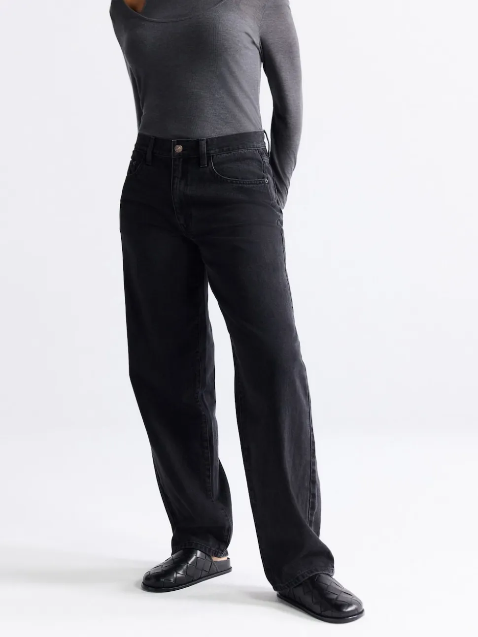 Zwarte wassing - Baggy jeans met wijde pijpen en halfhoge taille