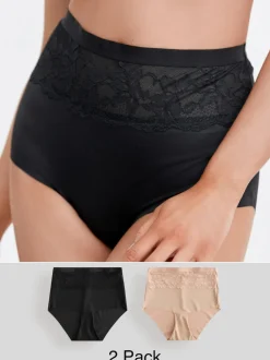 Zwart/huidskleurig - 2 Slipjes met licht buikcorrigerende hoge taille