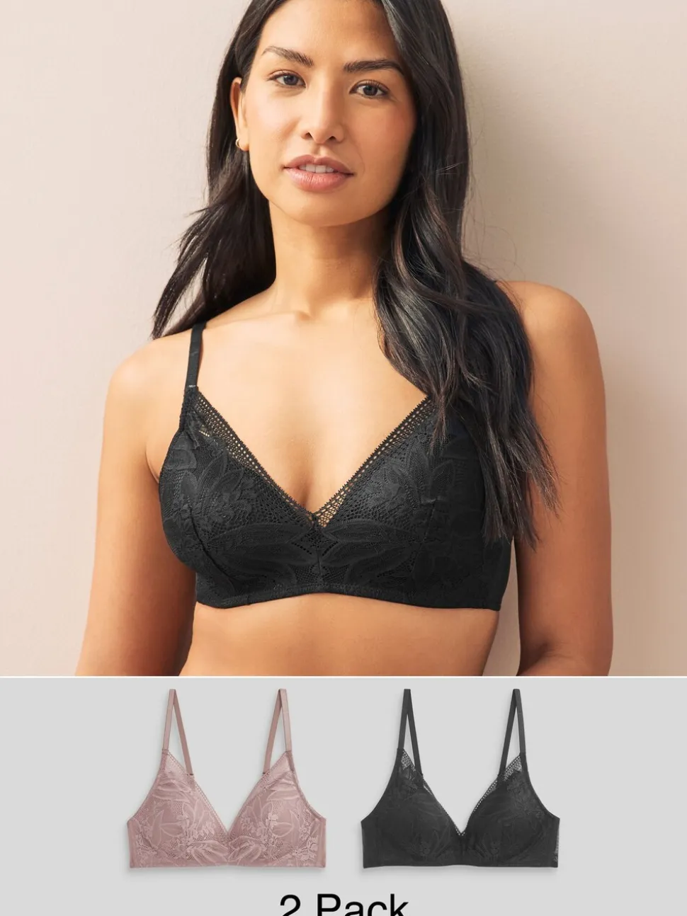 Zwart/mauve - Ultiem comfort beha's met kanten detail verpakking van 2
