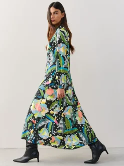 Zwart/meerkleurig met bloemenprint - Halflange overhemdjurk met lange mouwen
