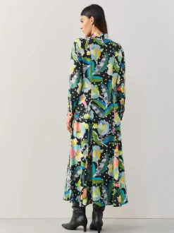 Zwart/meerkleurig met bloemenprint - Halflange overhemdjurk met lange mouwen