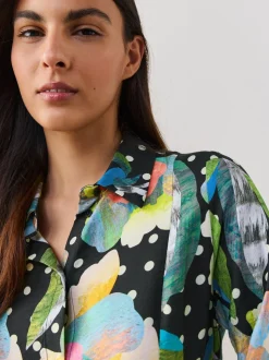 Zwart/meerkleurig met bloemenprint - Halflange overhemdjurk met lange mouwen