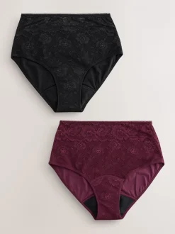 Zwart/paarsrood - All Over Lace Medium Flow Periode Knickers 2 Pack