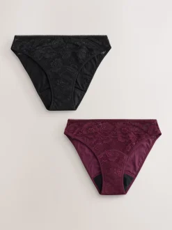 Zwart/paarsrood - All Over Lace Medium Flow Periode Knickers 2 Pack