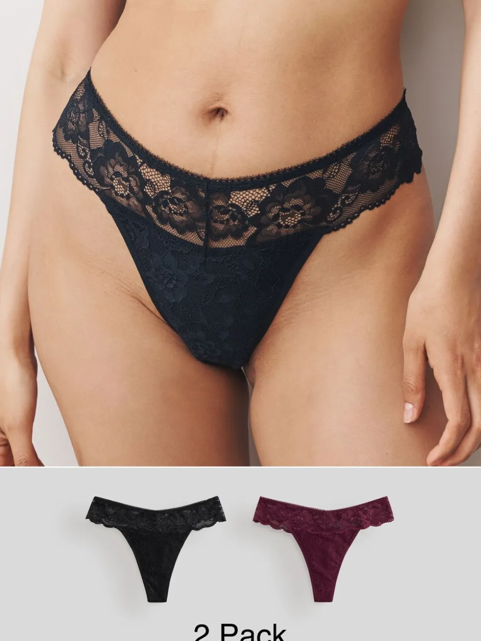 Zwart/paarsrood - Thong All Over Lace Light Flow Period Knickers 2 Pack