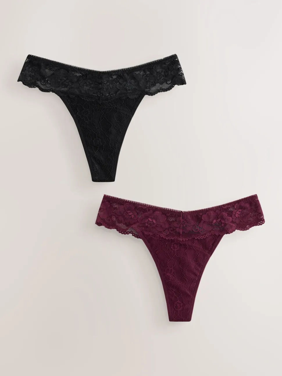 Zwart/paarsrood - Thong All Over Lace Light Flow Period Knickers 2 Pack