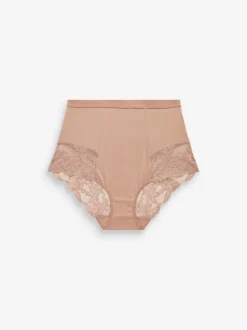 Zwart/praline huidskleur - Verpakking van 2 Braziliaanse slipjes met kanten achterkant en buikcorrigerend effect en print