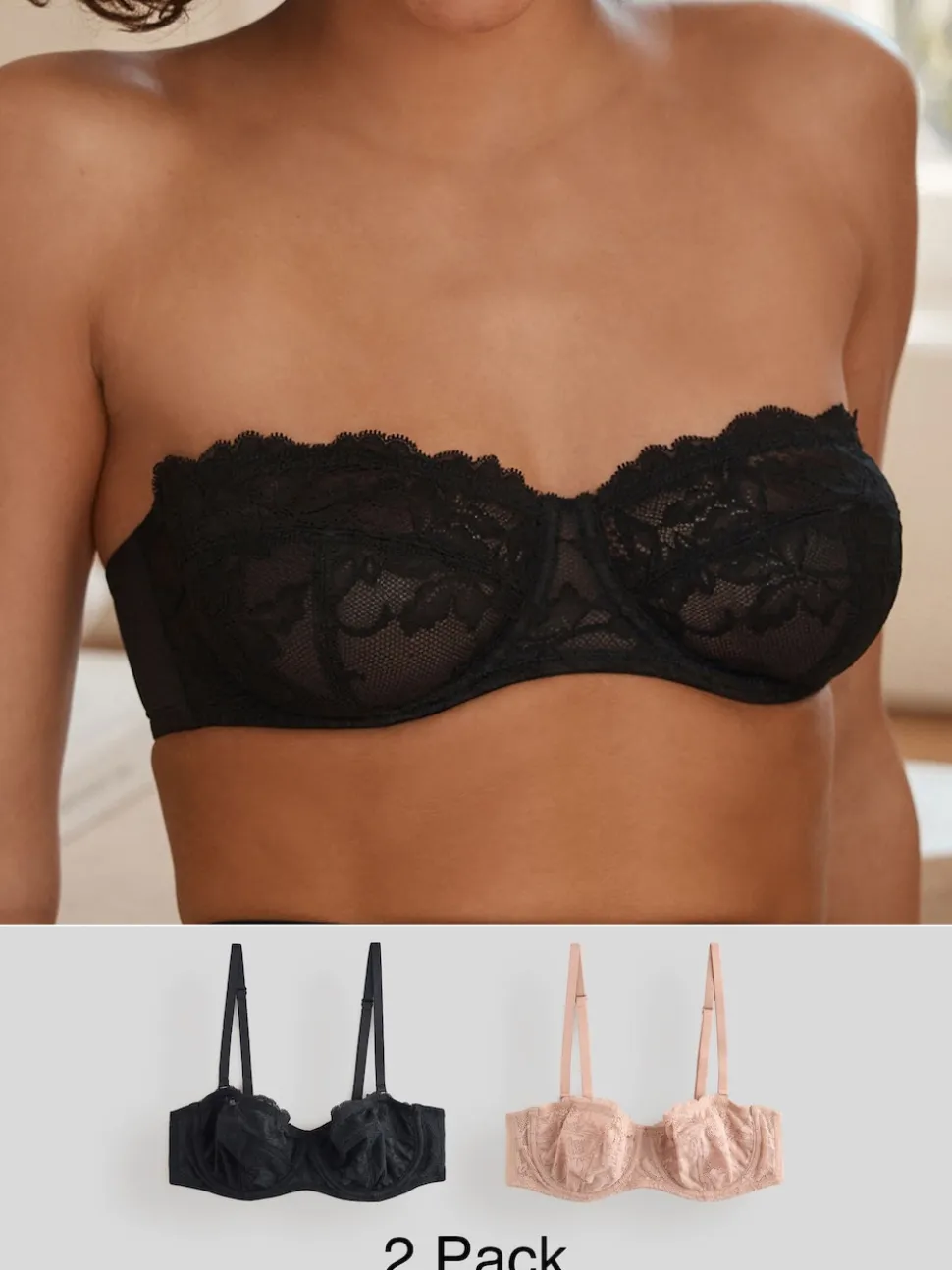 Zwart/praline huidskleur - Kanten strapless multiway beha's zonder vulling 2 set