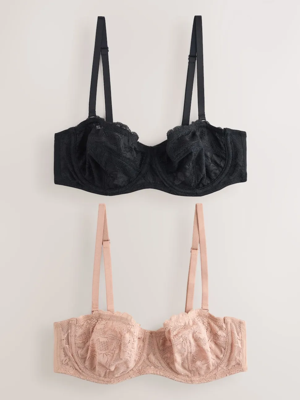 Zwart/praline huidskleur - Kanten strapless multiway beha's zonder vulling 2 set