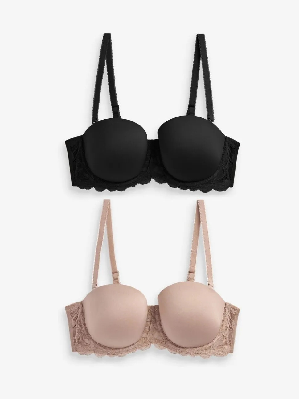 Zwart/praline huidskleur - Verpakking van 2 strapless multiway beha's met lichte vulling in cupmaten A-E