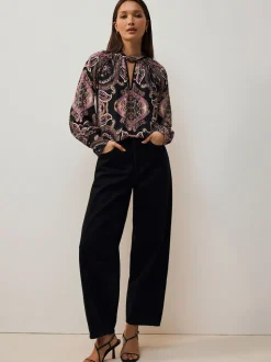 Zwart/Roze paisley - Long Sleeve Twist Neck Jersey Blouse