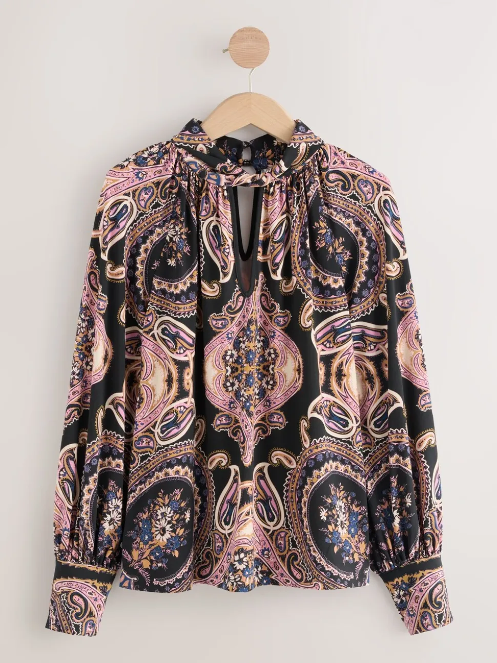 Zwart/Roze paisley - Long Sleeve Twist Neck Jersey Blouse