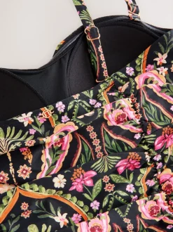 Zwart/Roze paisley - Vormgevend bandeaubadpak met buikcorrectie
