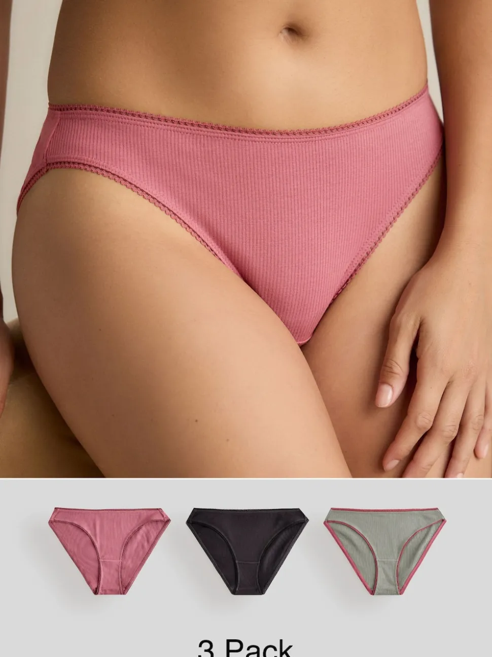 Zwart/roze/olijfgroen - Verpakking van 3 geribbelde katoenen slips