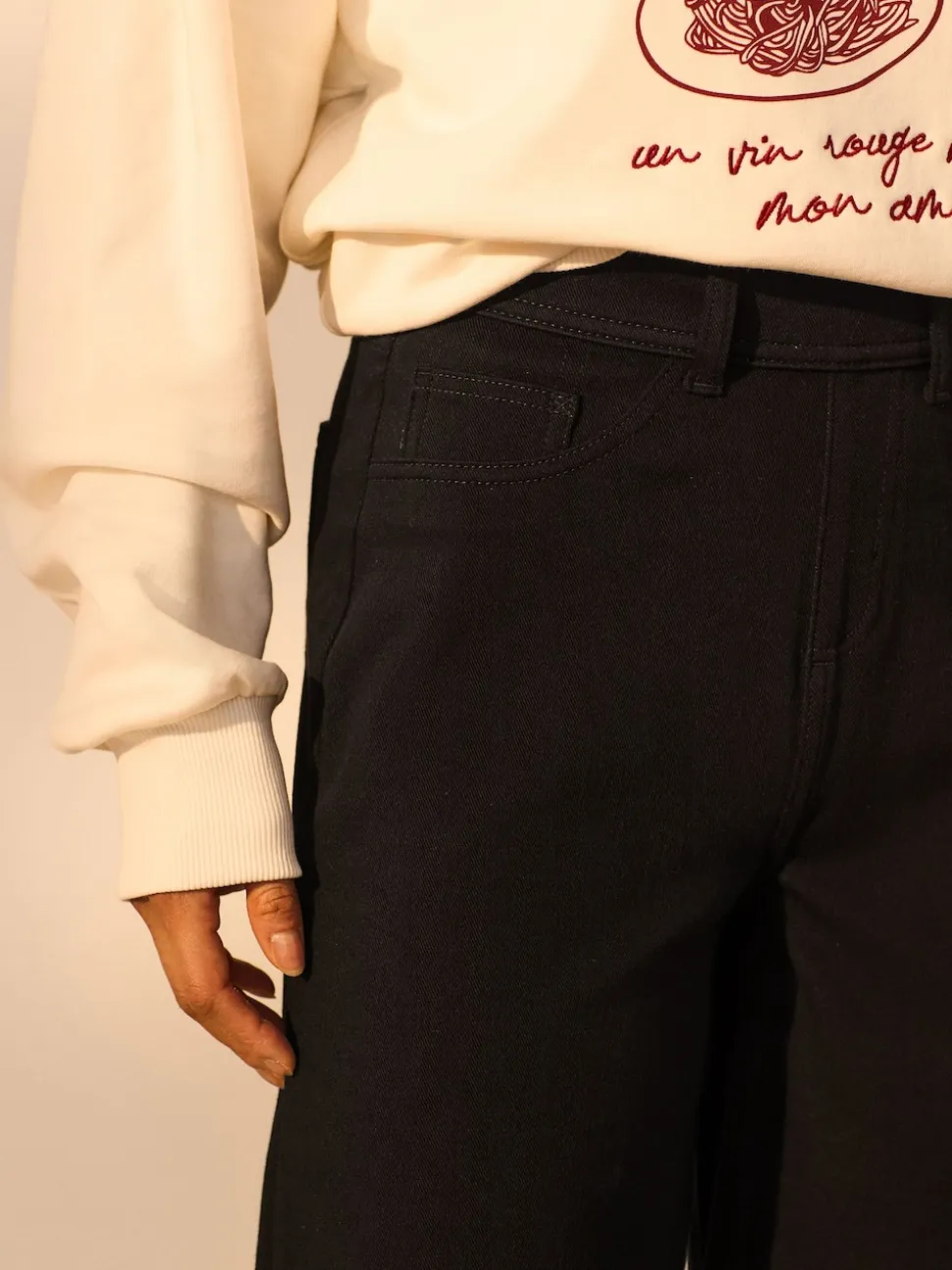 Zwart/Saliegroen - Jersey denim broek met wijde pijpen 2 set