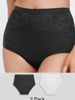 Zwart/wit - 2 Vormgevende katoenen slipjes met buikcorrectie en hoge taille