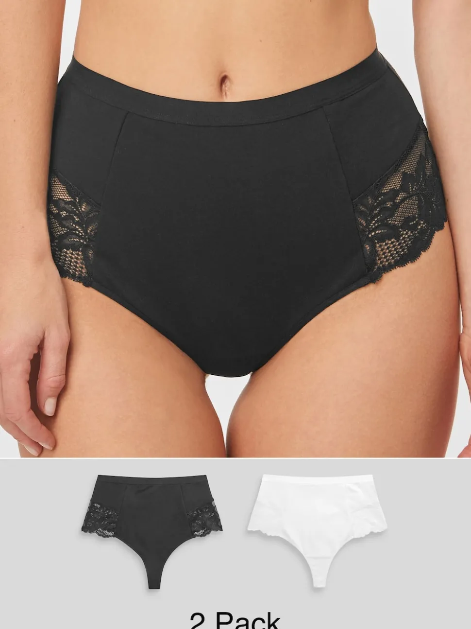 Zwart/wit - 2 Vormgevende katoenen slipjes met buikcorrectie