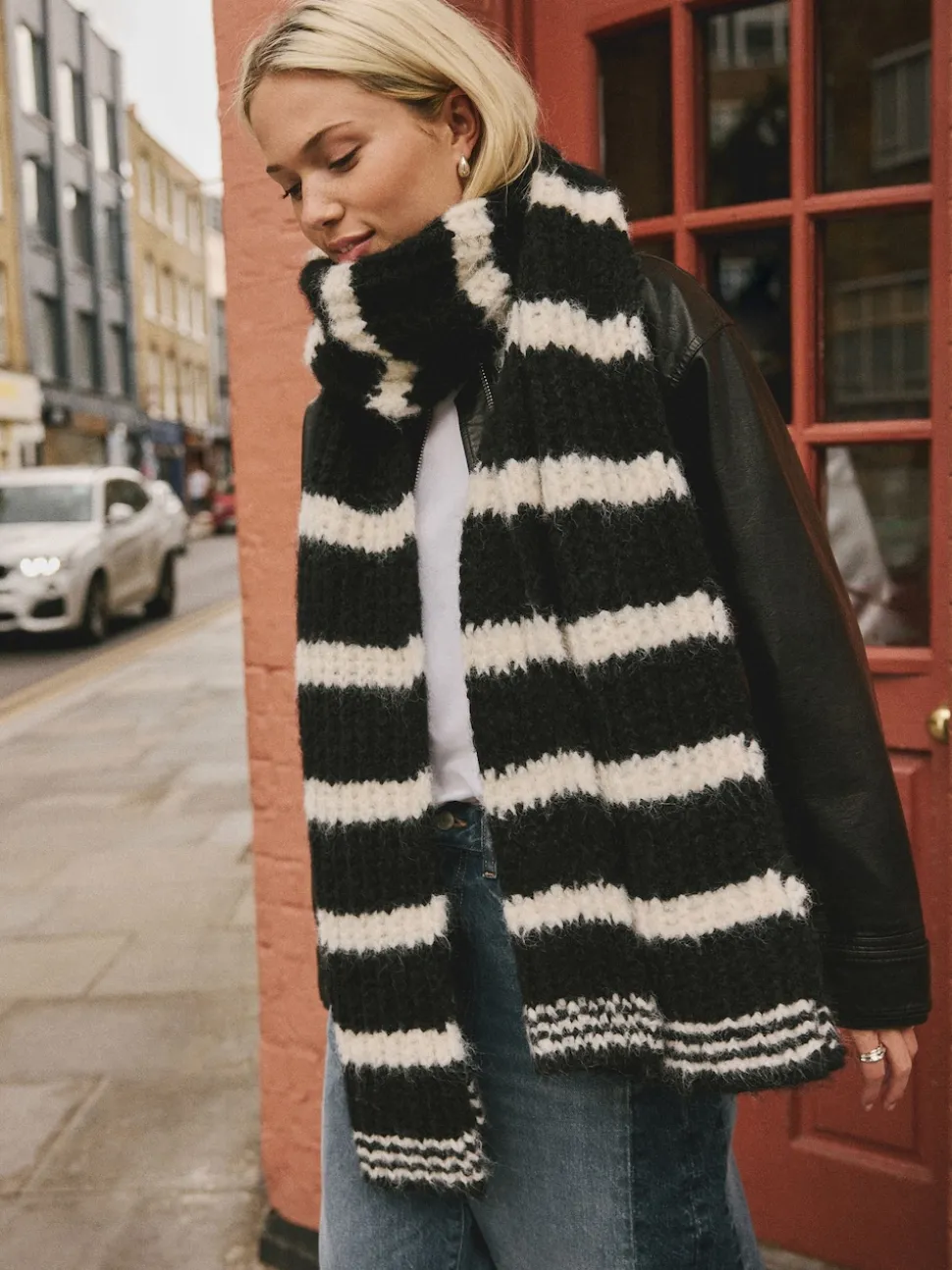 Zwart/wit - Knitted Wool Blend Striped Scarf