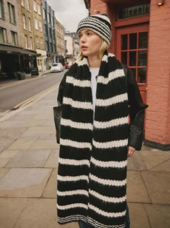 Zwart/wit - Knitted Wool Blend Striped Scarf
