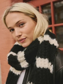 Zwart/wit - Knitted Wool Blend Striped Scarf
