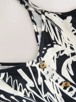 Zwart/wit met palmboomprint - Halflange jersey jurk met knoopsluiting