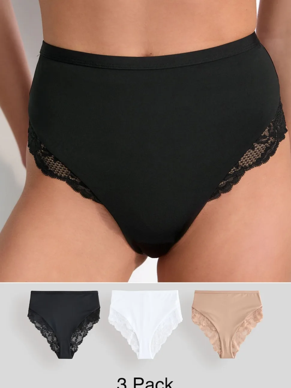 Zwart/wit/praline huidskleur - Microvezel & Kant Hoge Taille Slip 3 Pak