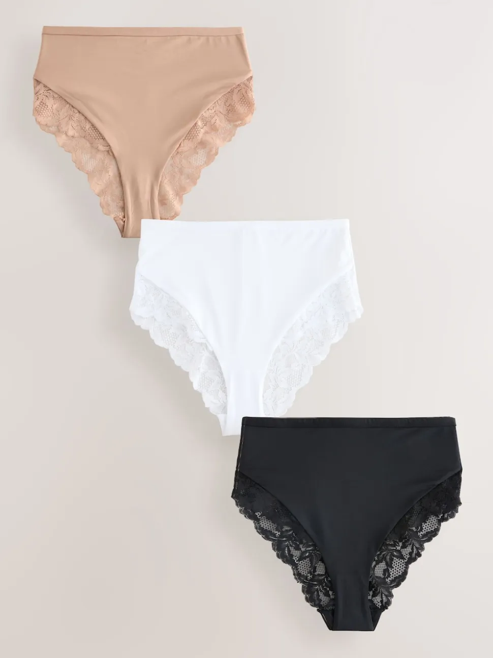 Zwart/wit/praline huidskleur - Microvezel & Kant Hoge Taille Slip 3 Pak