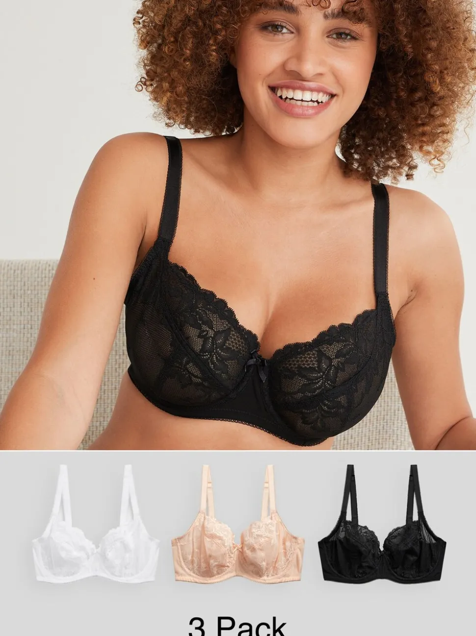 Zwart/wit/praline huidskleur - Verpakking van 3 kanten beha's cup DD+